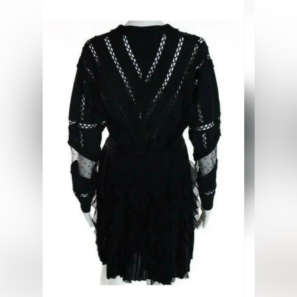 $3950 GIVENCHY BLACK SILK V NECK EYELET TRIM ACCORDION PLEATED SKIRT DRESS Sz L